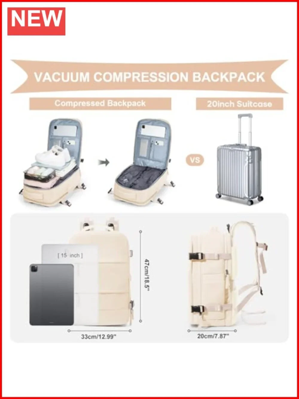 30L Travel Backpack with Vacuum Pump, Waterproof Carry On Daypack with Laptop